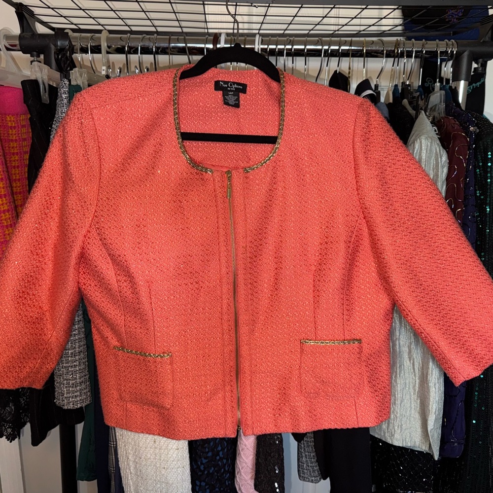 Chic Coral Jacket with Gold Accents